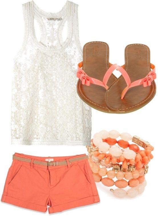 Conjunto de pantalones cortos de coral, ropa informal de verano de Polyvore, pantalones cortos de coral: Trajes de moda,  MODA,  Trajes de verano de Polyvore  