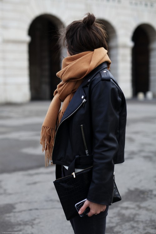 Leather jacket and scarf outfit: winter outfits,  Leather jacket,  Slim-Fit Pants,  Scarves Outfits  