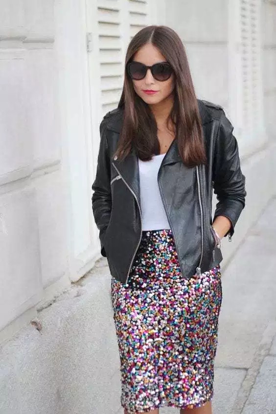 Sequin skirt outfit ideas sequin maxi skirt, leather jacket: Leather jacket,  Sequin Skirts,  Street Style,  White And Pink Outfit,  Sequin Outfits,  Black Leather Jacket  