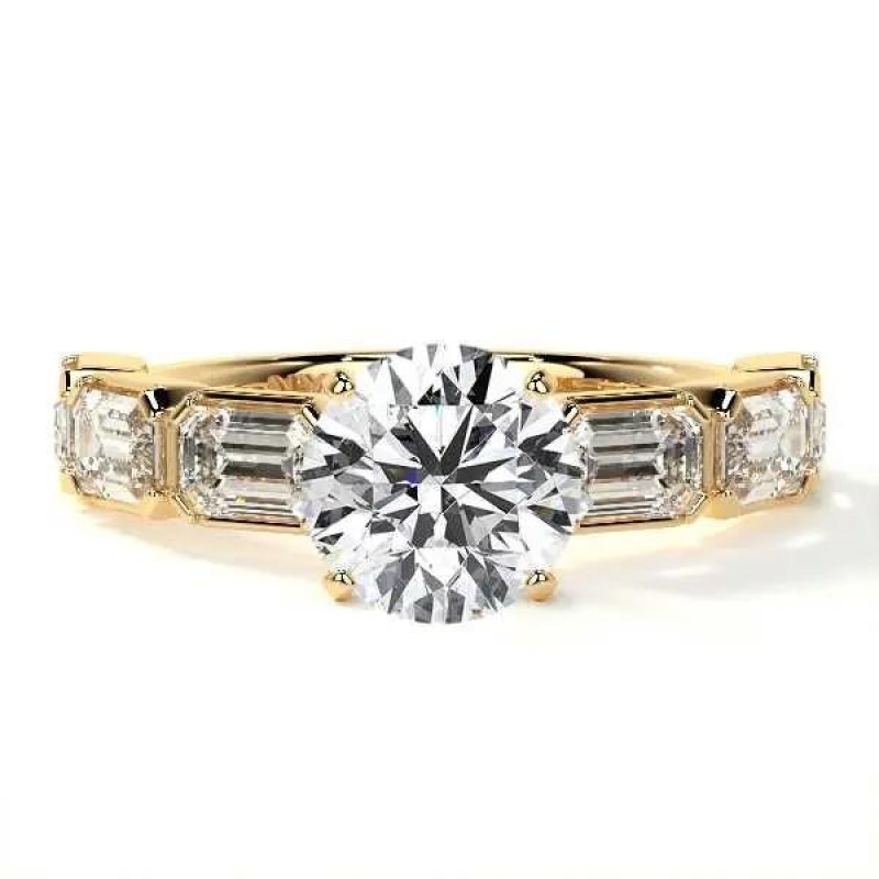 18K Yellow Gold Diamond Ring for Women Setting with Bezel Set Emerald Cut Diamonds