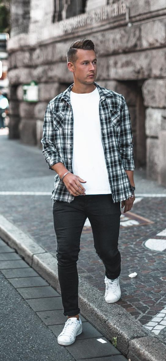 Black and white outfit ideas with jeans, tartan, dress shirt