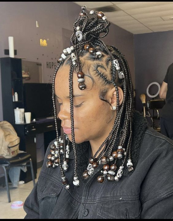 Picture yourself with sleek and silver bead-adorned knotless braids, perfect for the modern muse!: Box braids,  Black hair  